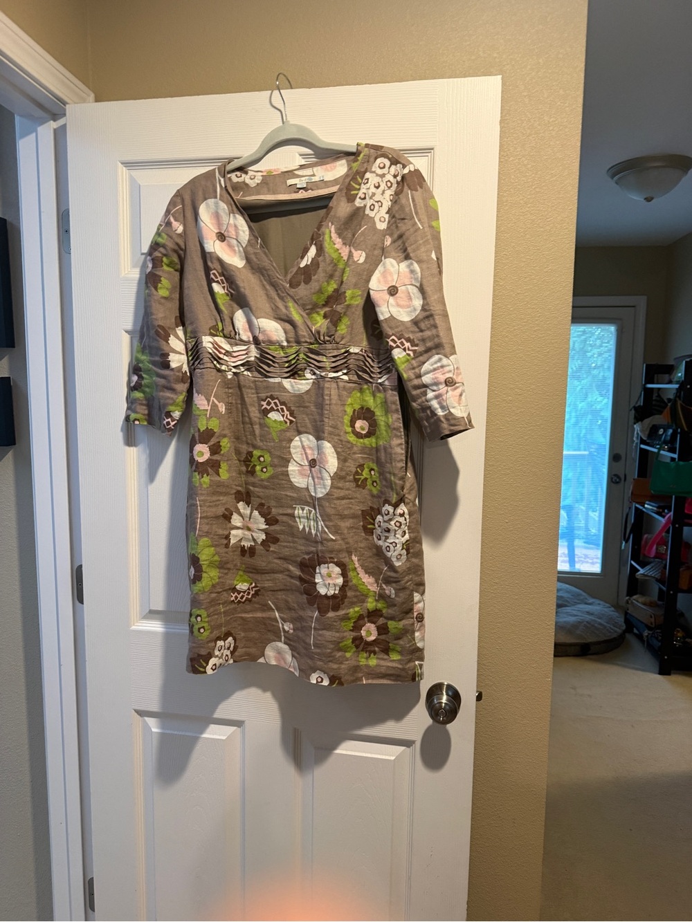 Boden Taupe Floral V-Neck Midi Dress with Green Accents